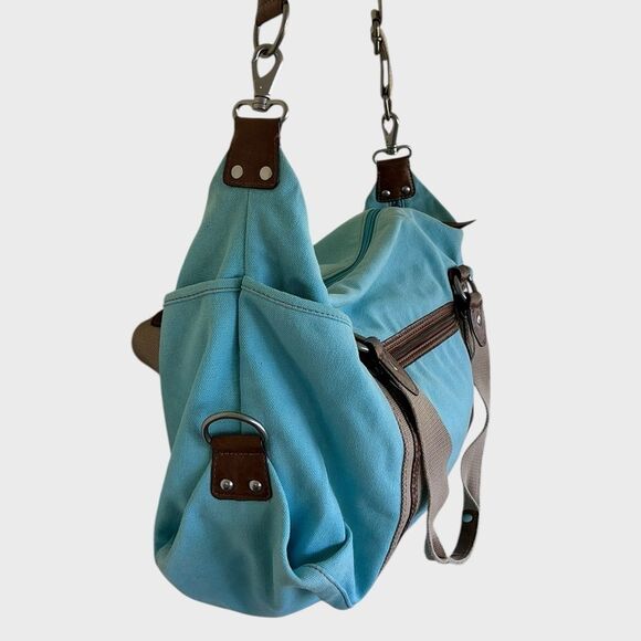 Fossil Blue Canvas Duffel Travel Bag Leather Trim - Picture 4 of 11